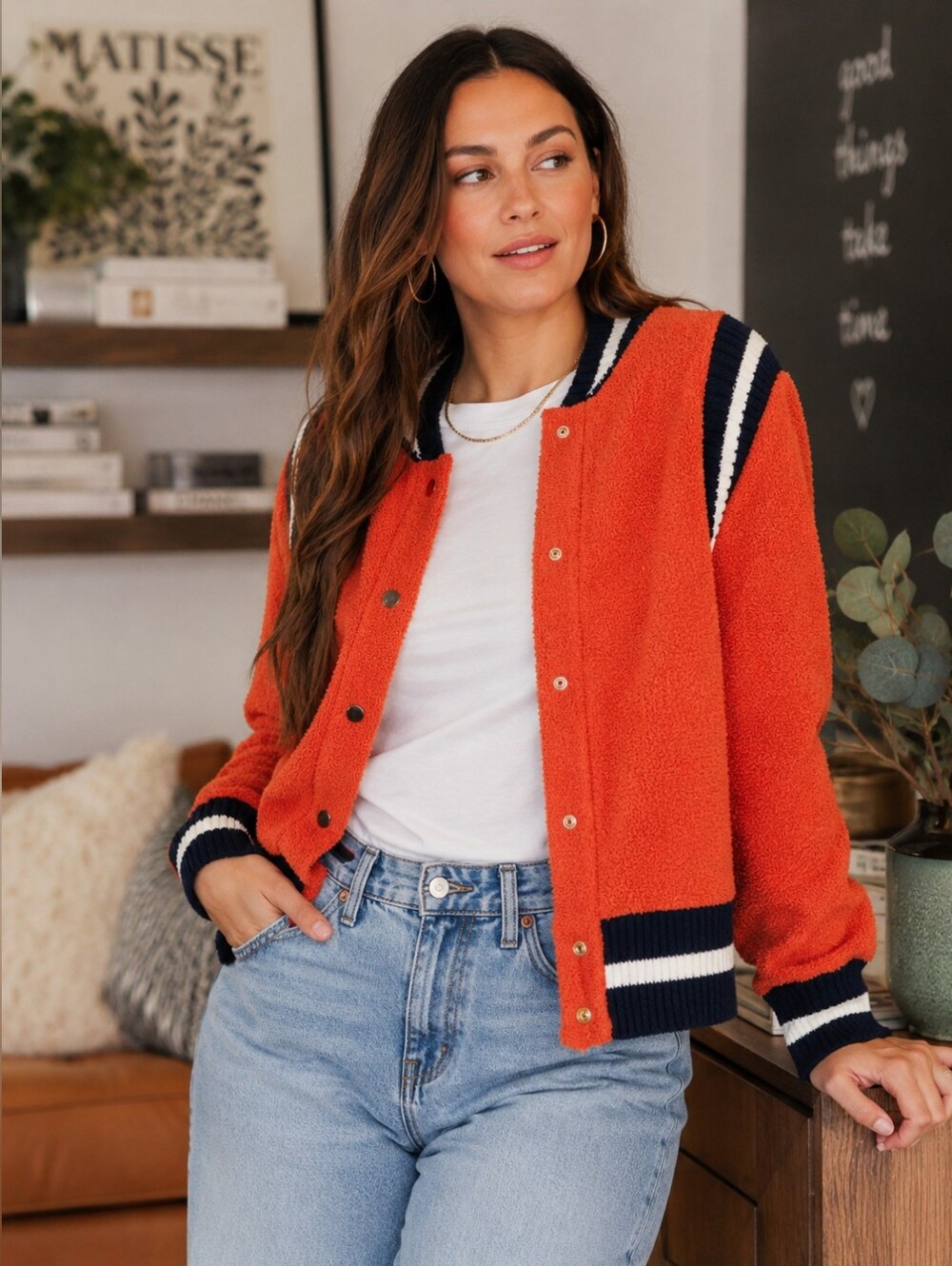 ANTHROPOLOGIE Terry Varsity Cardigan Sweater Orange Navy Striped Preppy